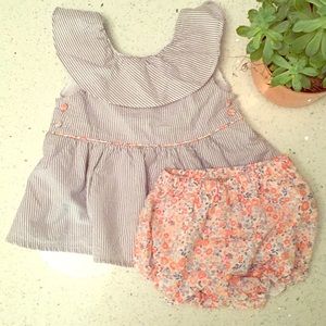 Seersucker dress and floral bloomer.